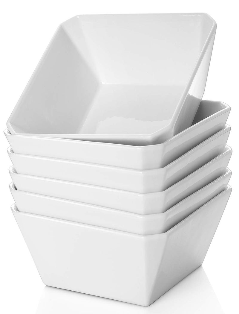 Samsle Porcelain Cereal Bowls, 16 oz Square Serving Bowls Set, 5 Inch White Ceramic Bowls for Salad, Soup, Snack, Dessert and Marmalade, Dishwasher & Microwave Safe, Set of 6 - Image 1